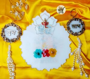 White  8" Inch Pooja Thali & Shubh Labh  4" Inch Coaster Hanging Shubh Labh  Combo ''tufani24.com Best Resin Best Luxury high quality White 8" Inch Pooja Thali & Shubh Labh  4" Inch Coaster Hanging Shubh Labh  Combo – Complete All india only 1 set  "