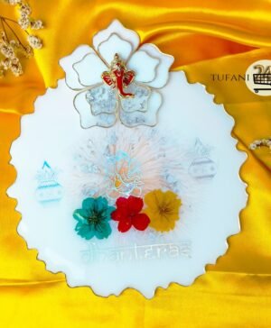 White  8" Inch Pooja Thali & Shubh Labh  4" Inch Coaster Hanging Shubh Labh  Combo ''tufani24.com Best Resin Best Luxury high quality White 8" Inch Pooja Thali & Shubh Labh  4" Inch Coaster Hanging Shubh Labh  Combo – Complete All india only 1 set  " - Image 2