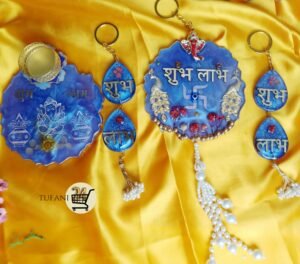 Luxury Hanging Shubh Labh''tufani24.com Best Resin Best Luxury high quality blue  6" Inch  Coaster Hanging Shubh Labh & 6" Inch  Coaster  Shubh Labh T-Light  & 2Hanging Shubh Labh Combo – Complete All india only 1 set  "