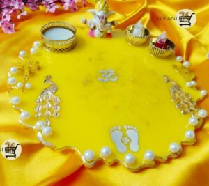 yellow  8" Inch Pooja Thali & Shubh Labh  ''tufani24.com Best Resin Best Luxury high quality yellow  8" Inch Pooja Thali & Shubh Labh  6" Inch Coaster Hanging Shubh Labh & Diya Combo – Complete All india only 1 set  " - Image 5