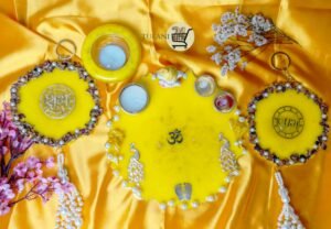 yellow  8" Inch Pooja Thali & Shubh Labh  ''tufani24.com Best Resin Best Luxury high quality yellow  8" Inch Pooja Thali & Shubh Labh  6" Inch Coaster Hanging Shubh Labh & Diya Combo – Complete All india only 1 set  "